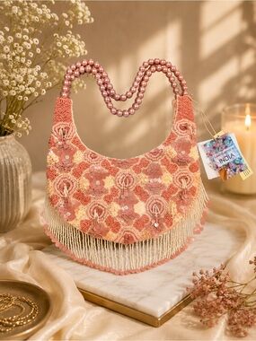 Made in India | Handbeaded Floral Fringe Shoulder Bag in Peach Pink